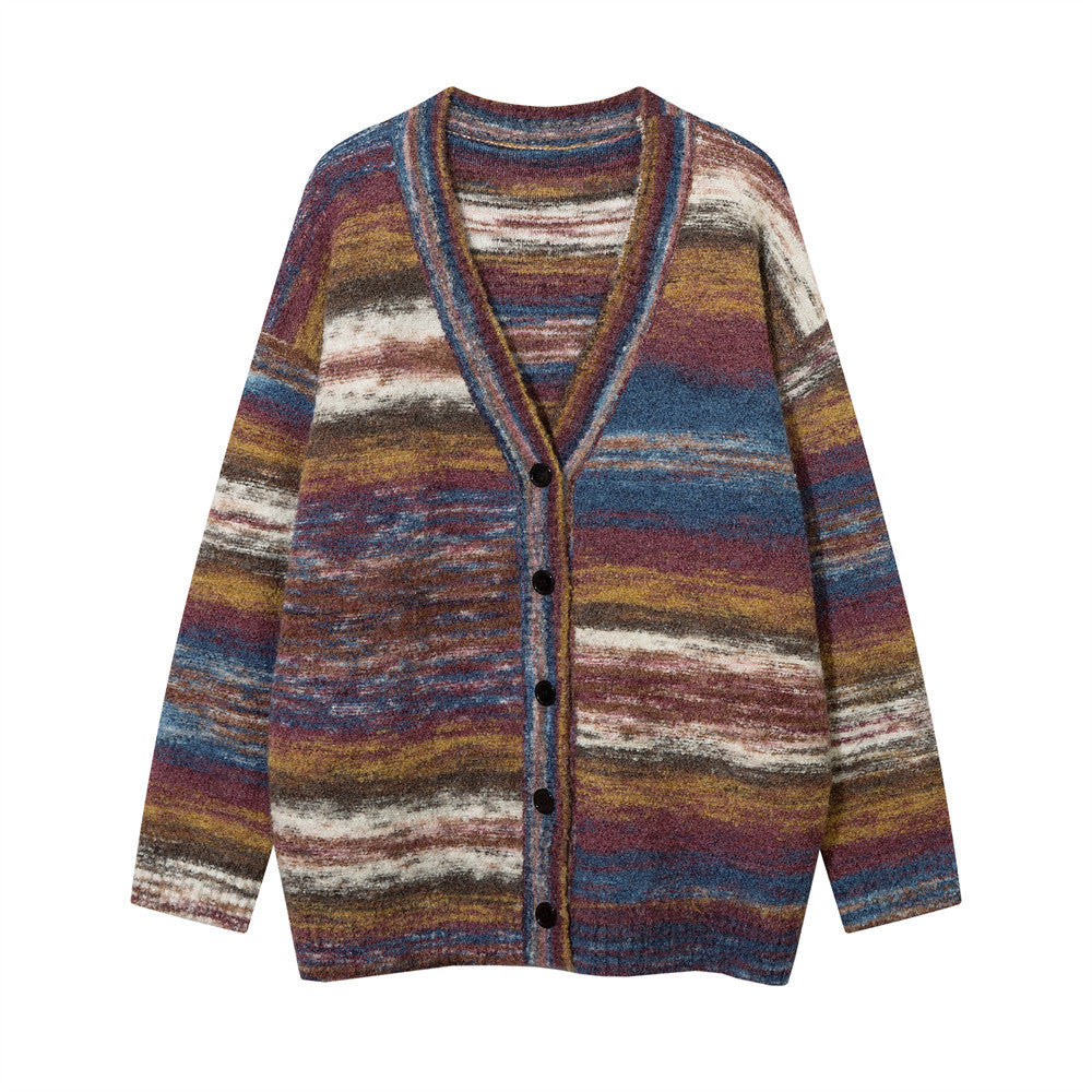 Cardigan a righe con scollo a V in tessuto a fili annodati Valstrend, maglione in maglia con motivi a righe colorate.
