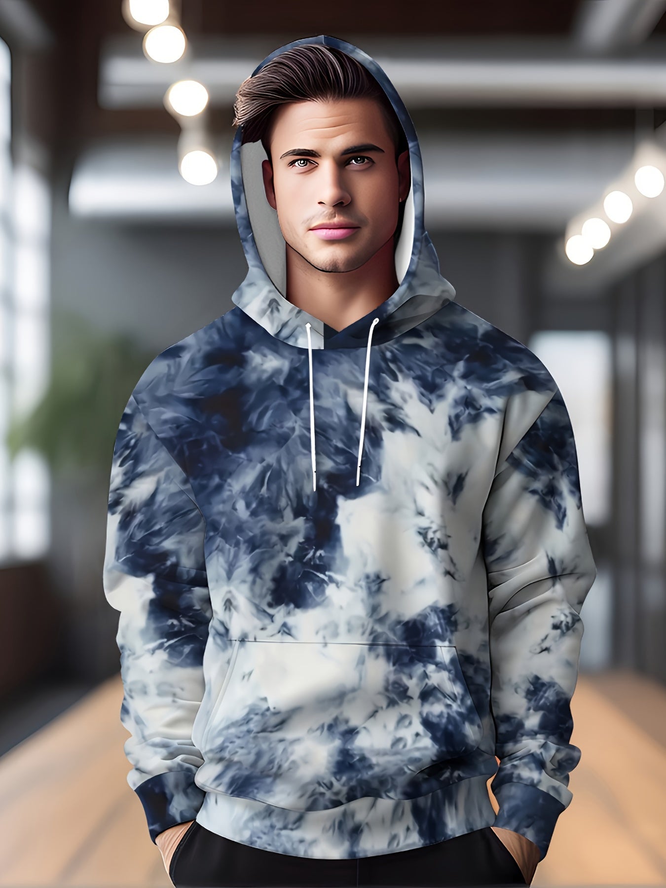 Felpa casual da uomo Valstrend con stampa geometrica, cappuccio con coulisse, tasca a marsupio e interno in pile caldo.