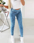 Jeans skinny elasticizzati a vita alta con lacci per donna, marca Valstrend shop, in denim blu.