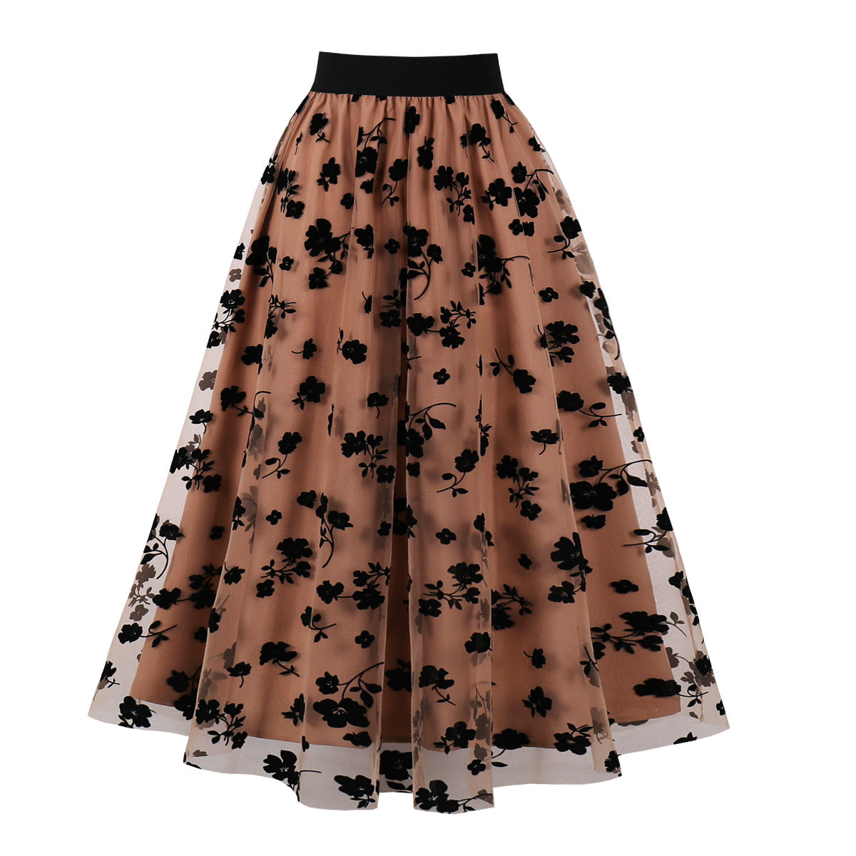 Gonna a pieghe a doppio strato in mesh con stampa flock e orlo ampio, gonna lunga di moda Valstrend shop.