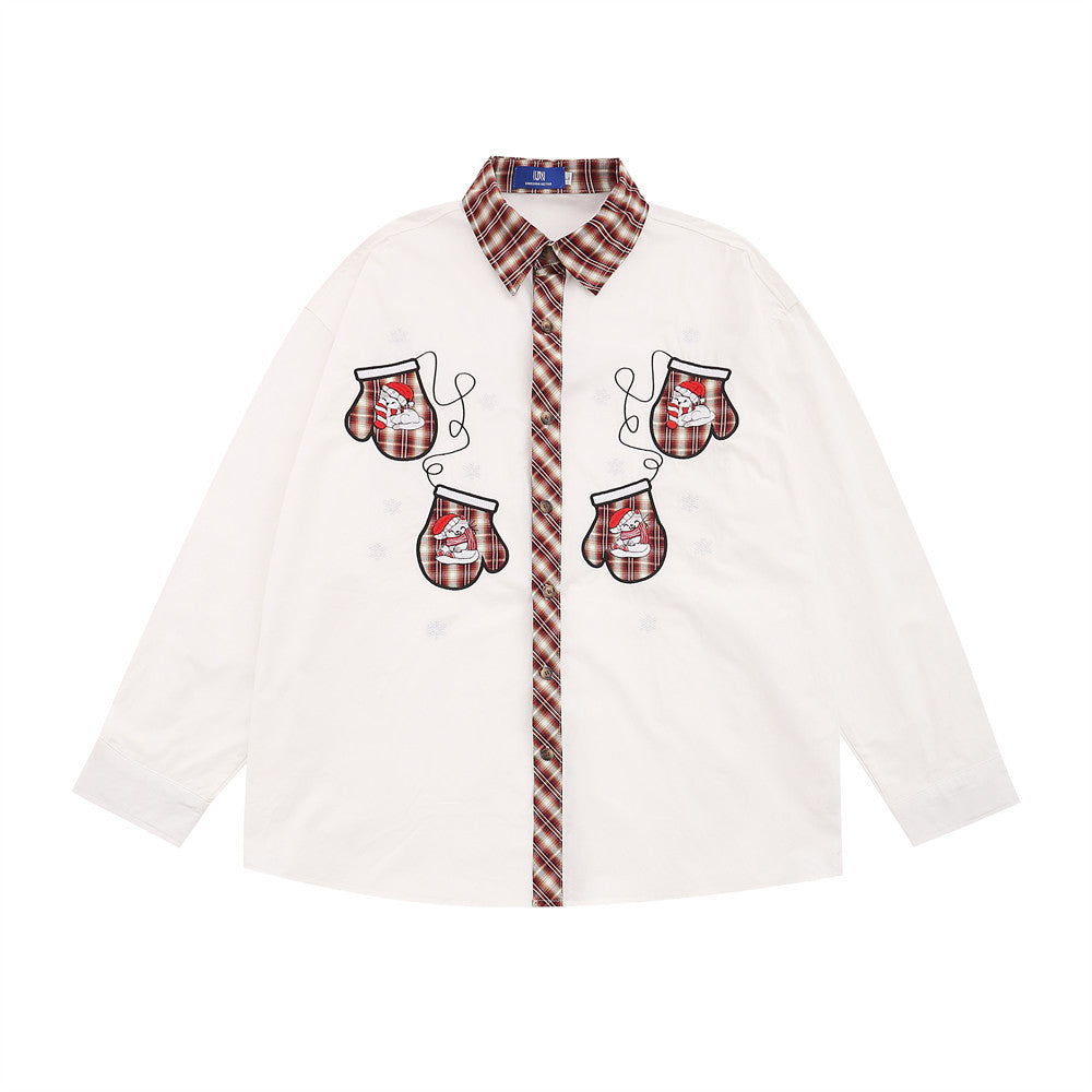 Camicia natalizia ricamata a maniche lunghe Valstrend, con colletto a contrasto e stile loose, decorata con ricami natalizi.