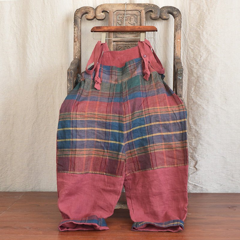 Pantaloni da uomo Valstrend in lino con bretelle e patchwork, stile casual e rilassato, dettaglio di cuciture e tessuto multicolore