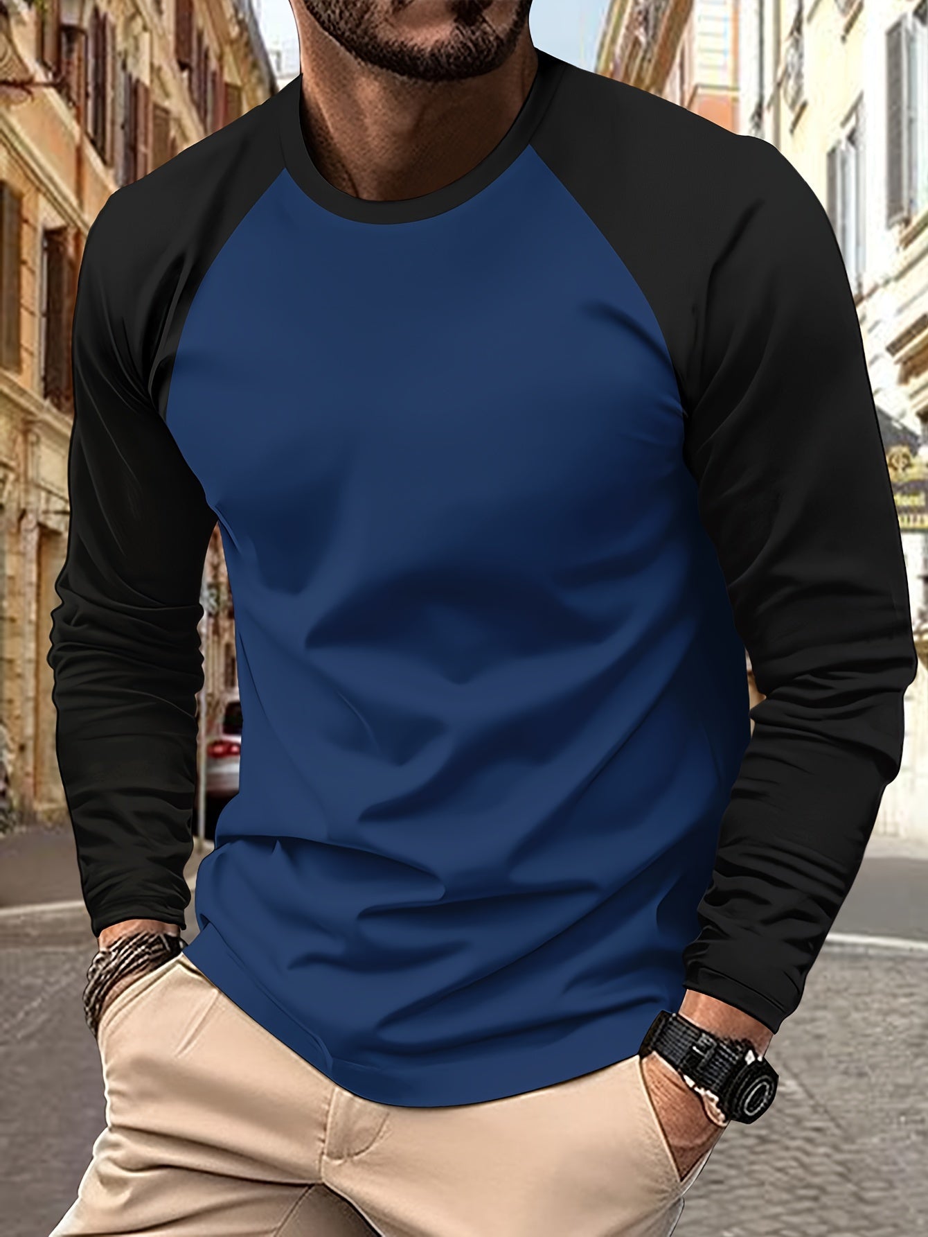 Maglietta sportiva a maniche lunghe da uomo Valstrend, maglia a blocchi di colori con collo rotondo, ideale per primavera e autunno