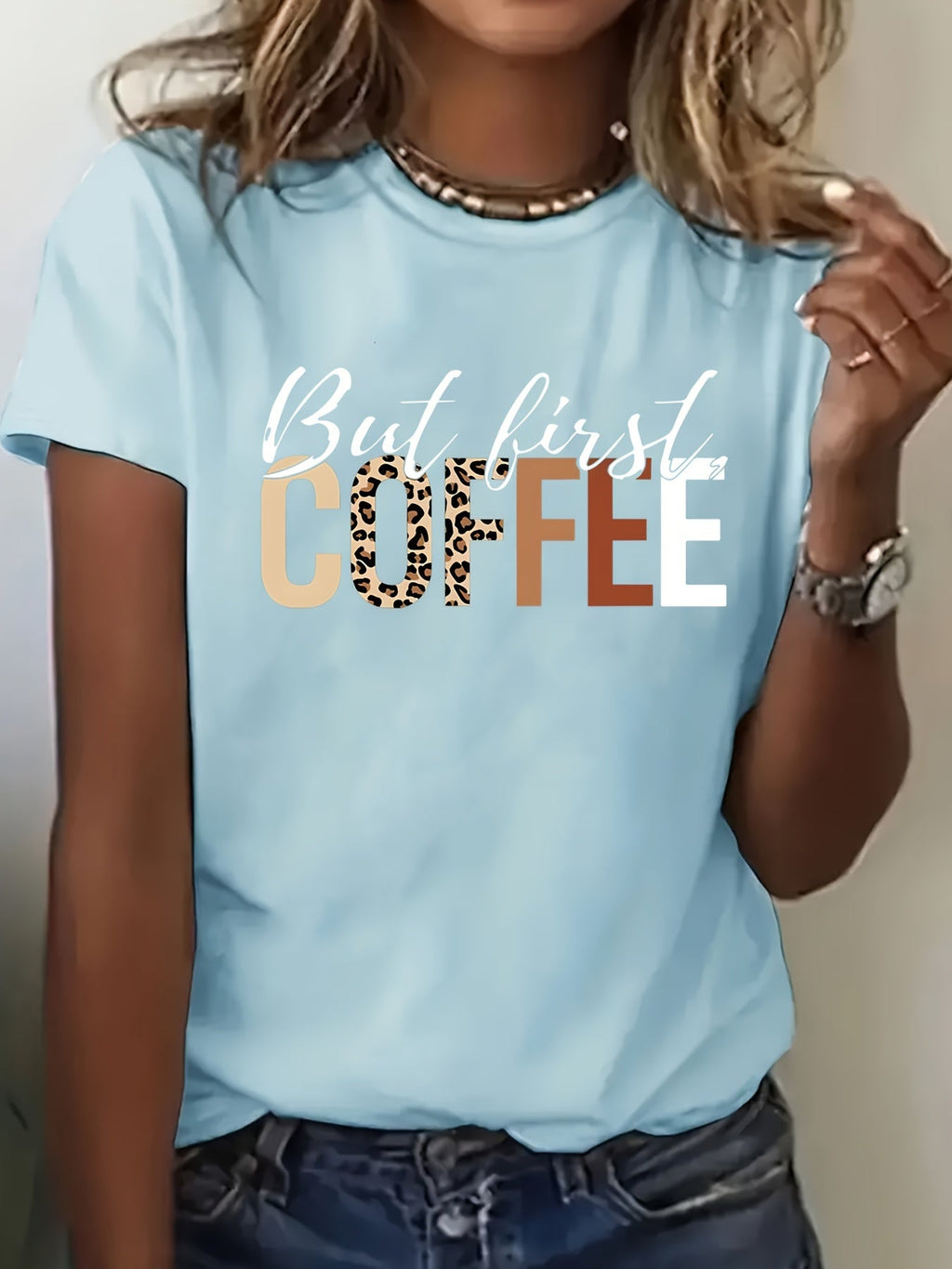 T-shirt donna Valstrend con stampa di caffè, manica corta, collo rotondo, ideale per primavera ed estate, abbigliamento casual.