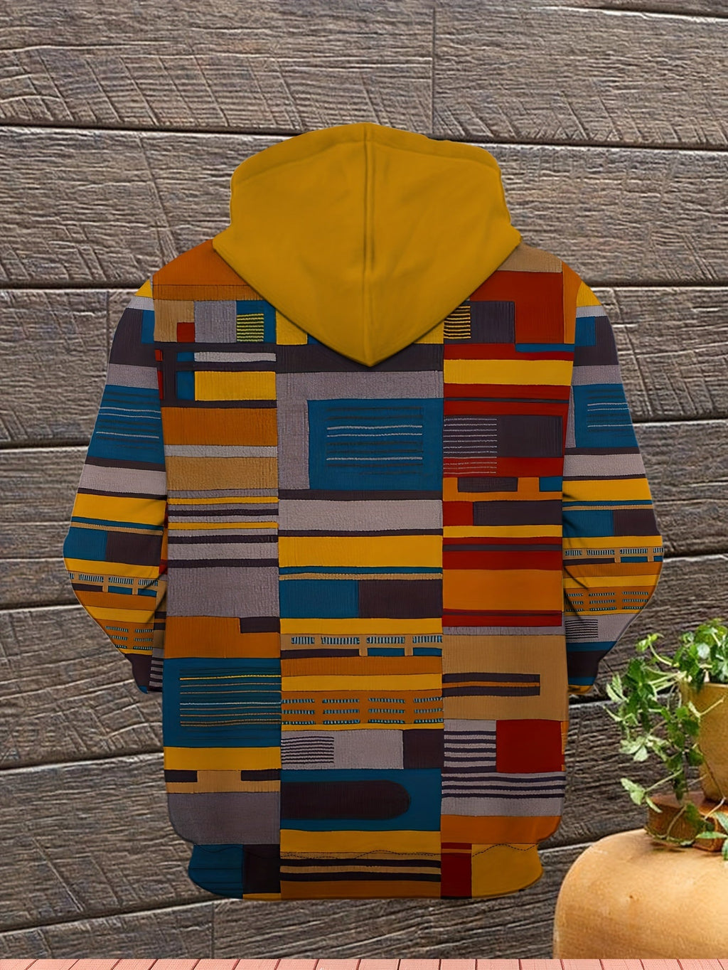 Felpa con cappuccio Valstrend, uomo, stampa geometrica a blocchi di colori, tasca kangaroo, vestibilità morbida, per primavera/autunno