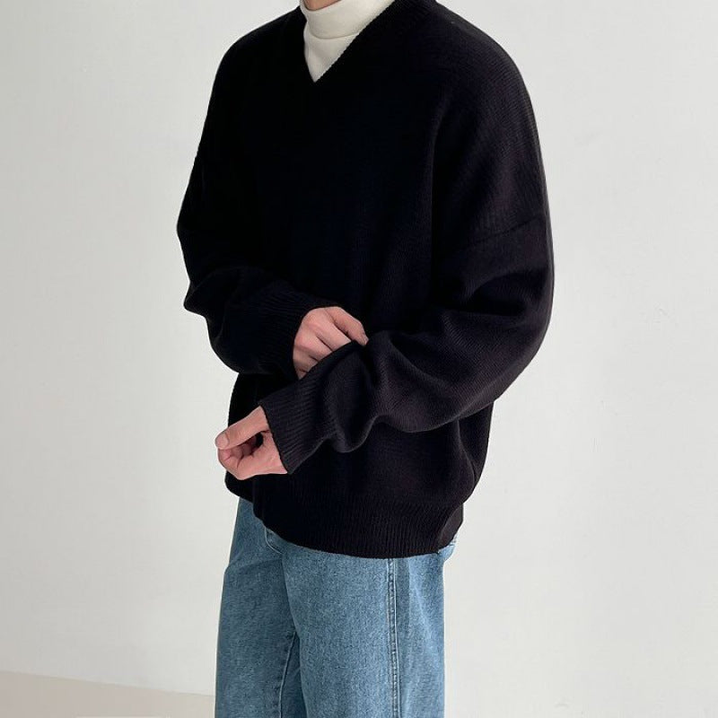 Solid Color And V-neck Sweater Men's Autumn And Winter Thickened