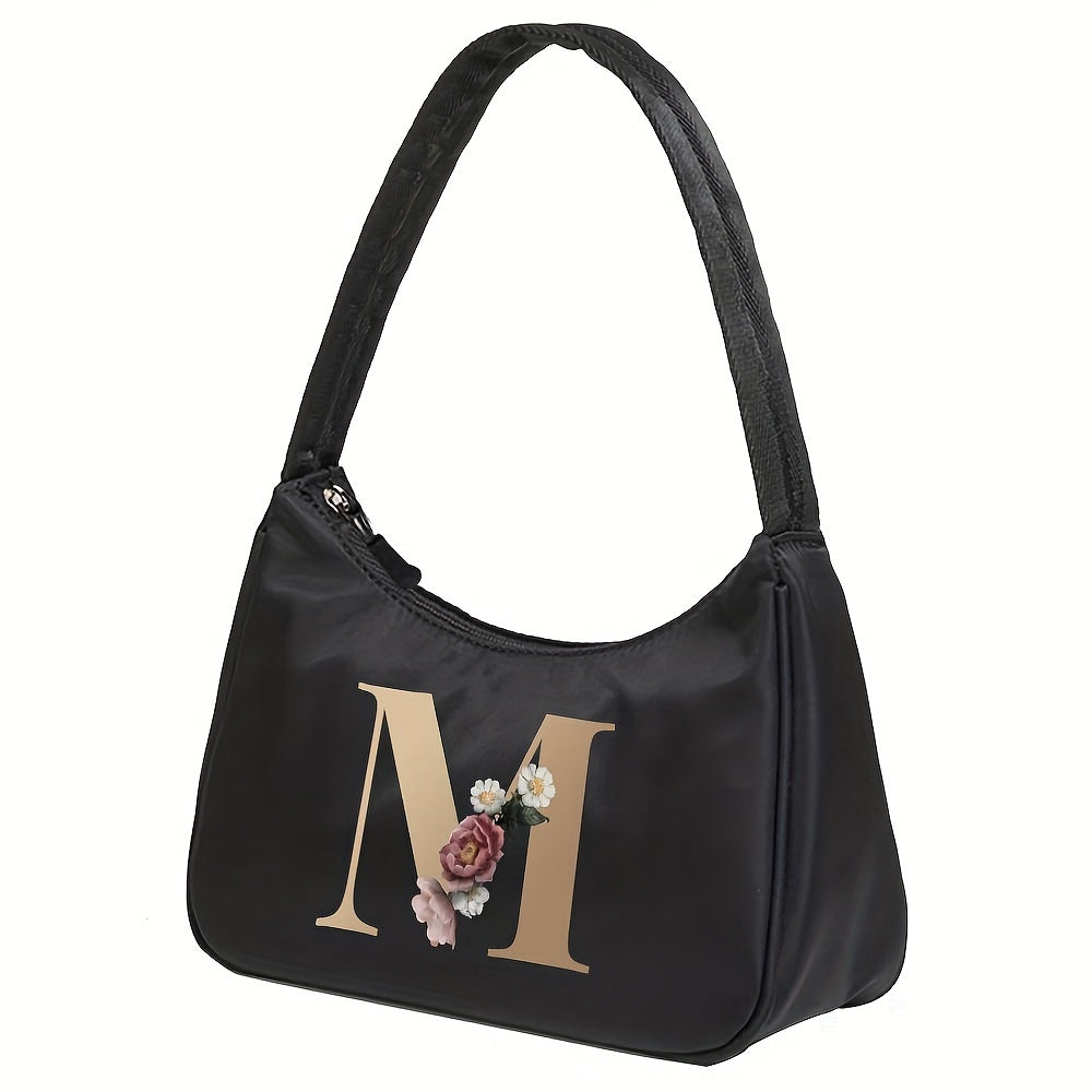 Floral Letter Print Shoulder Bag, Fashion Nylon Underarm Bag, Women's Zipper Handbag & Purse