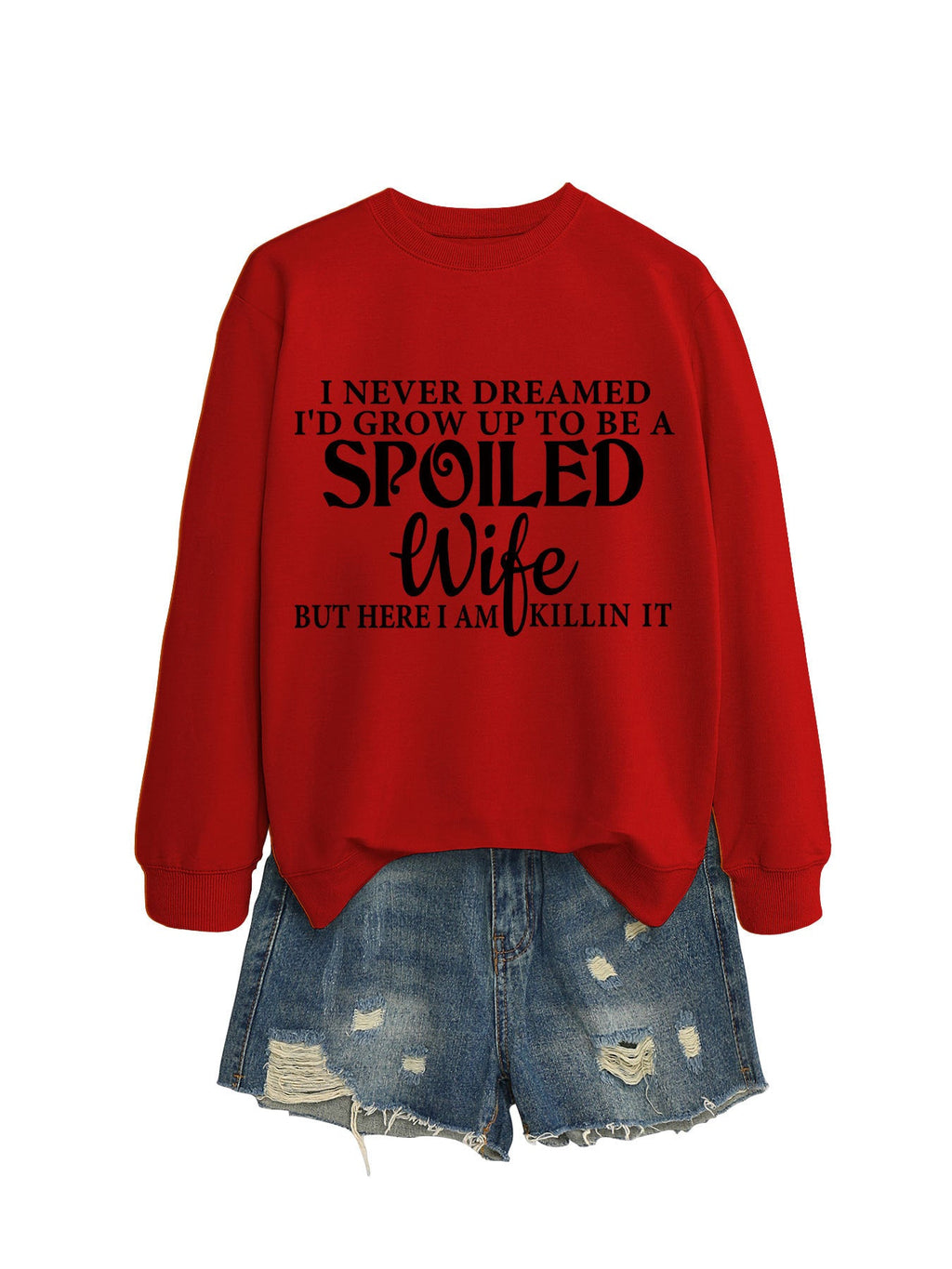 Felpa donna Valstrend con lettere casual stampate, girocollo e stile comodo, vista frontale con dettagli del tessuto.