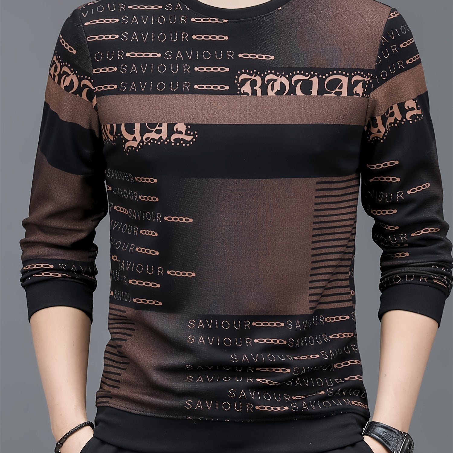 Maglietta uomo a manica lunga Valstrend, girocollo, tessuto elasticizzato, stampa letteraria, stile pullover per primavera e autunno.