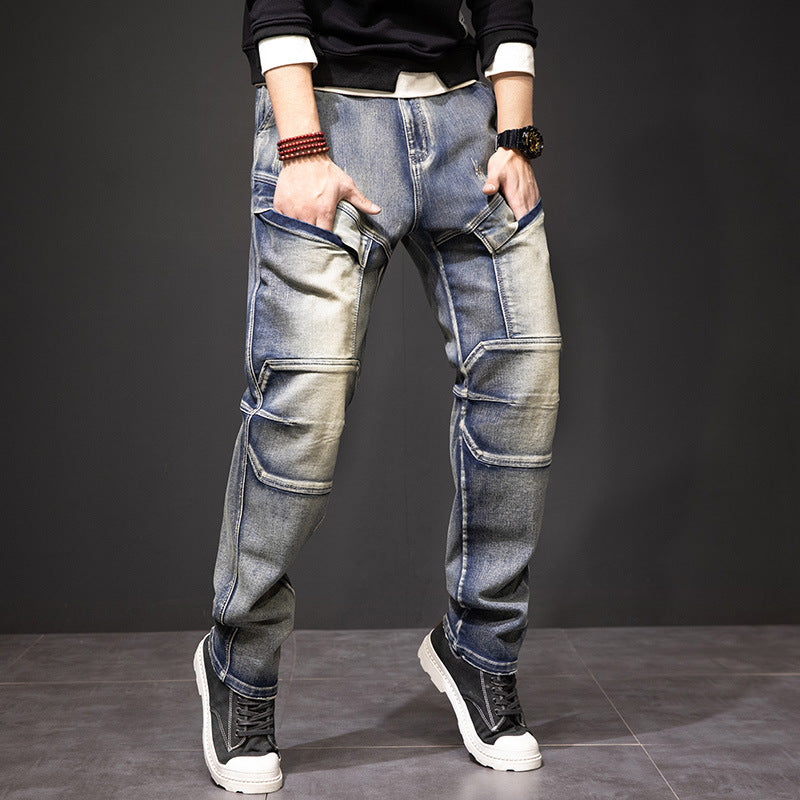 Jeans da lavoro da uomo Valstrend shop, gialli con più tasche e dettagli distress, stile resistente e casual.