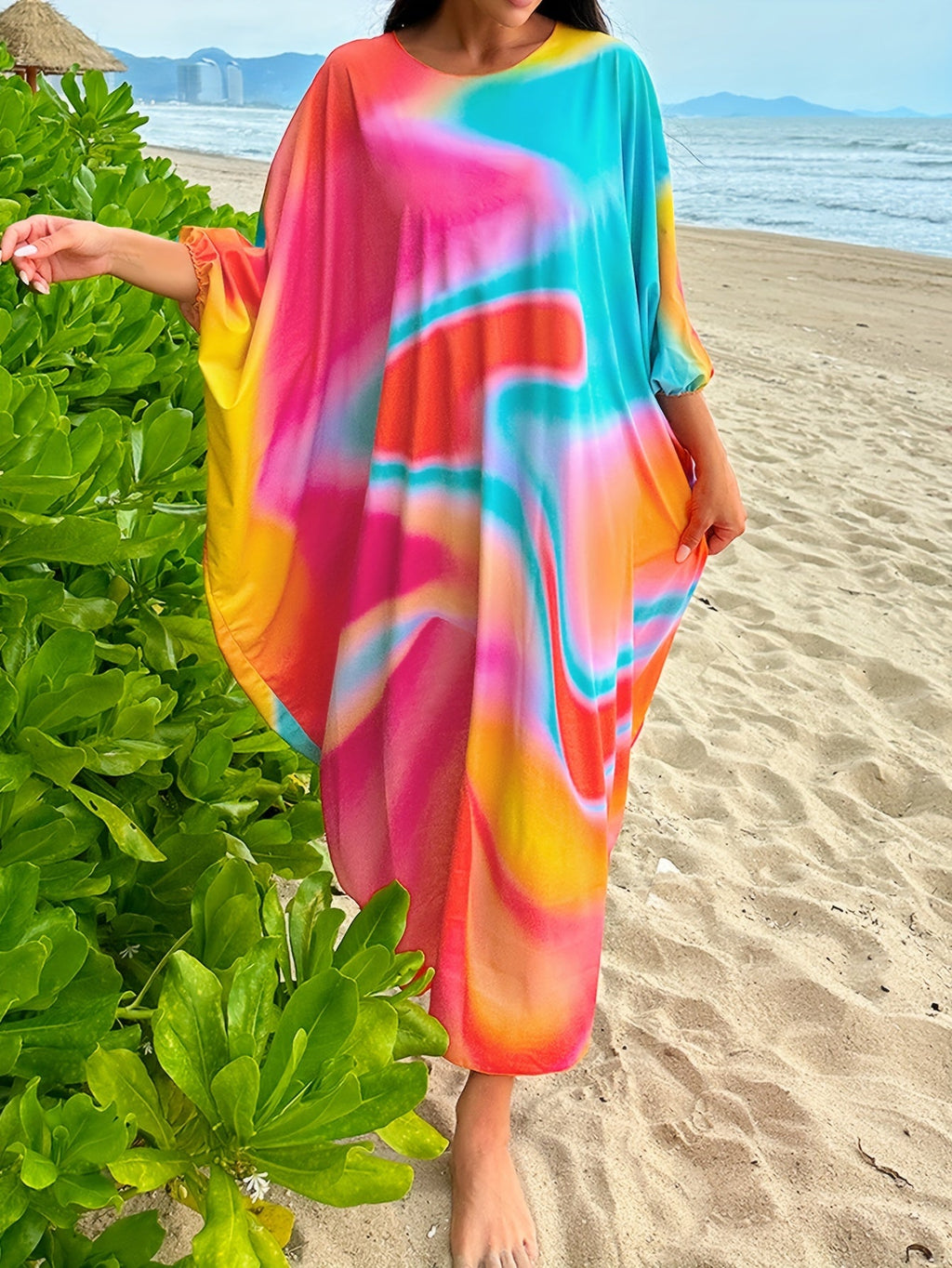 Vestito da donna Valstrend, maxi copricostume elegante con stampa ombré colorata, collo rotondo e maniche a pipistrello.