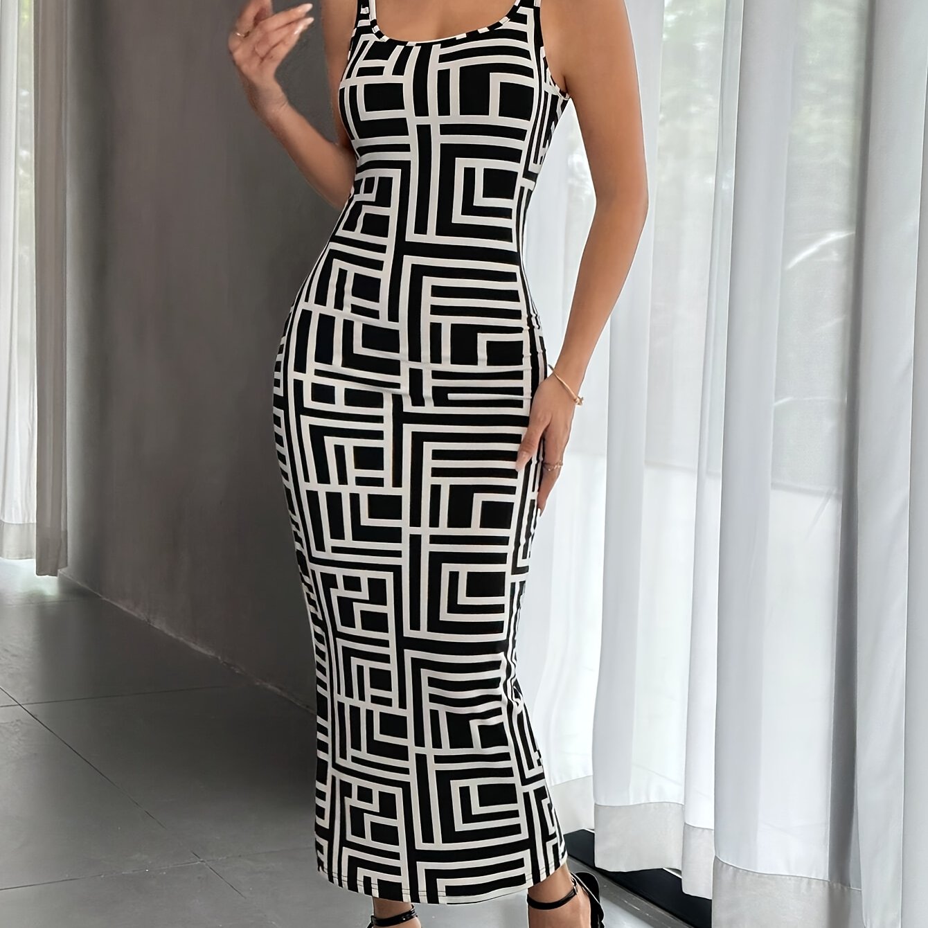 Geo Print Square Neck Tank Dress, Elegant Sleeveless Bodycon Dress For Spring & Summer, Women's Clothing