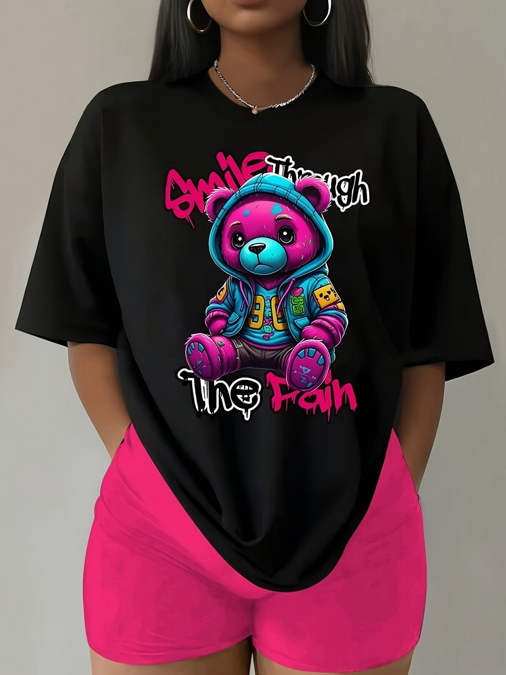 T-shirt donna Valstrend con stampa orso, manica corta, collo rotondo, ideale per primavera ed estate, abbigliamento casual femminile