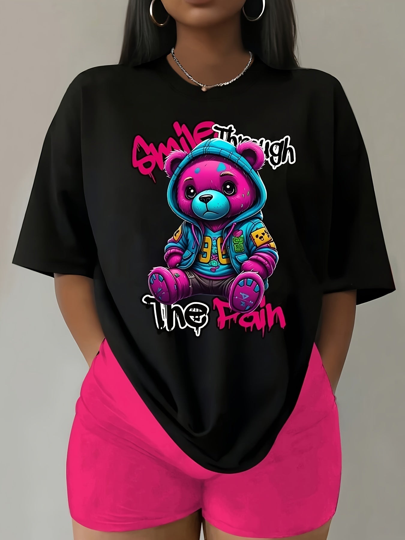 T-shirt donna Valstrend con stampa orso, manica corta, collo rotondo, ideale per primavera ed estate, abbigliamento casual femminile