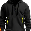 Men's Casual Fleece-Lined Hoodie with Multiple Zipper Pockets - V-Neck Pullover for Fall & Winter, Plus Size Available