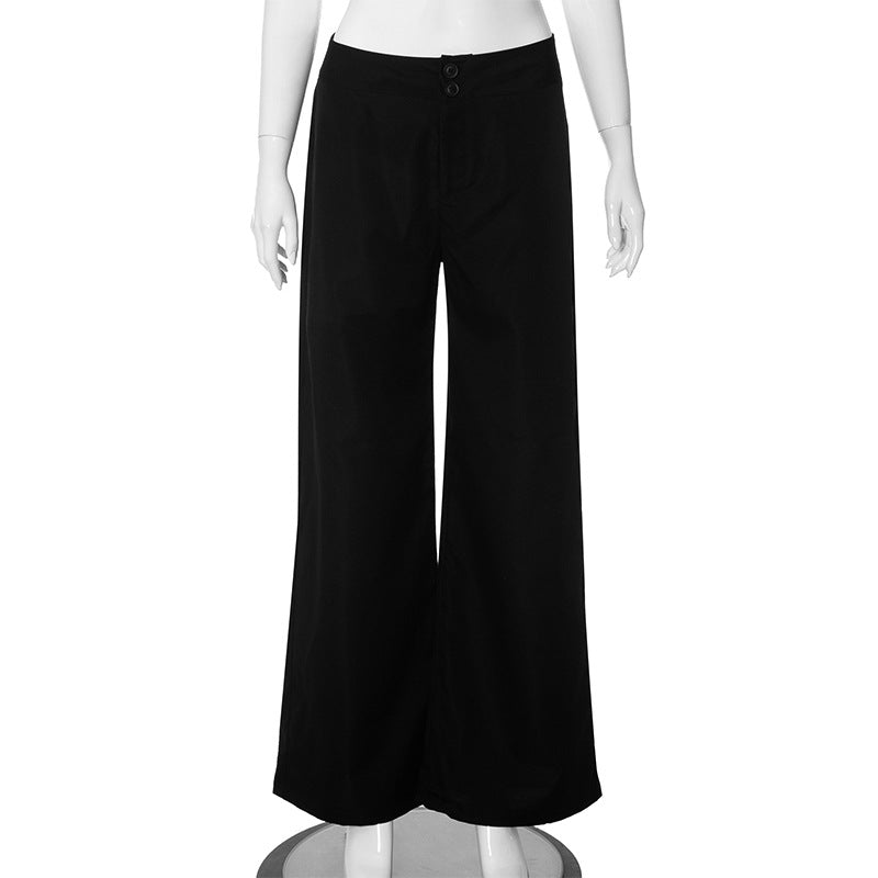 Solid Color High Waist Button Big Horn Loose Trousers Casual Pants
