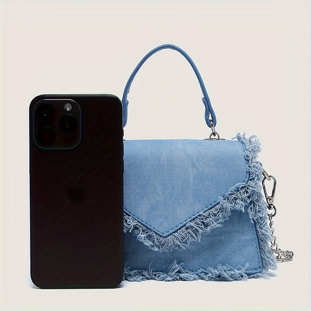 Chic Sky Blue Denim Mini Crossbody Bag with Fringe Detail - Magnetic Closure, Polyester Lined, Women's Fashion Shoulder Purse