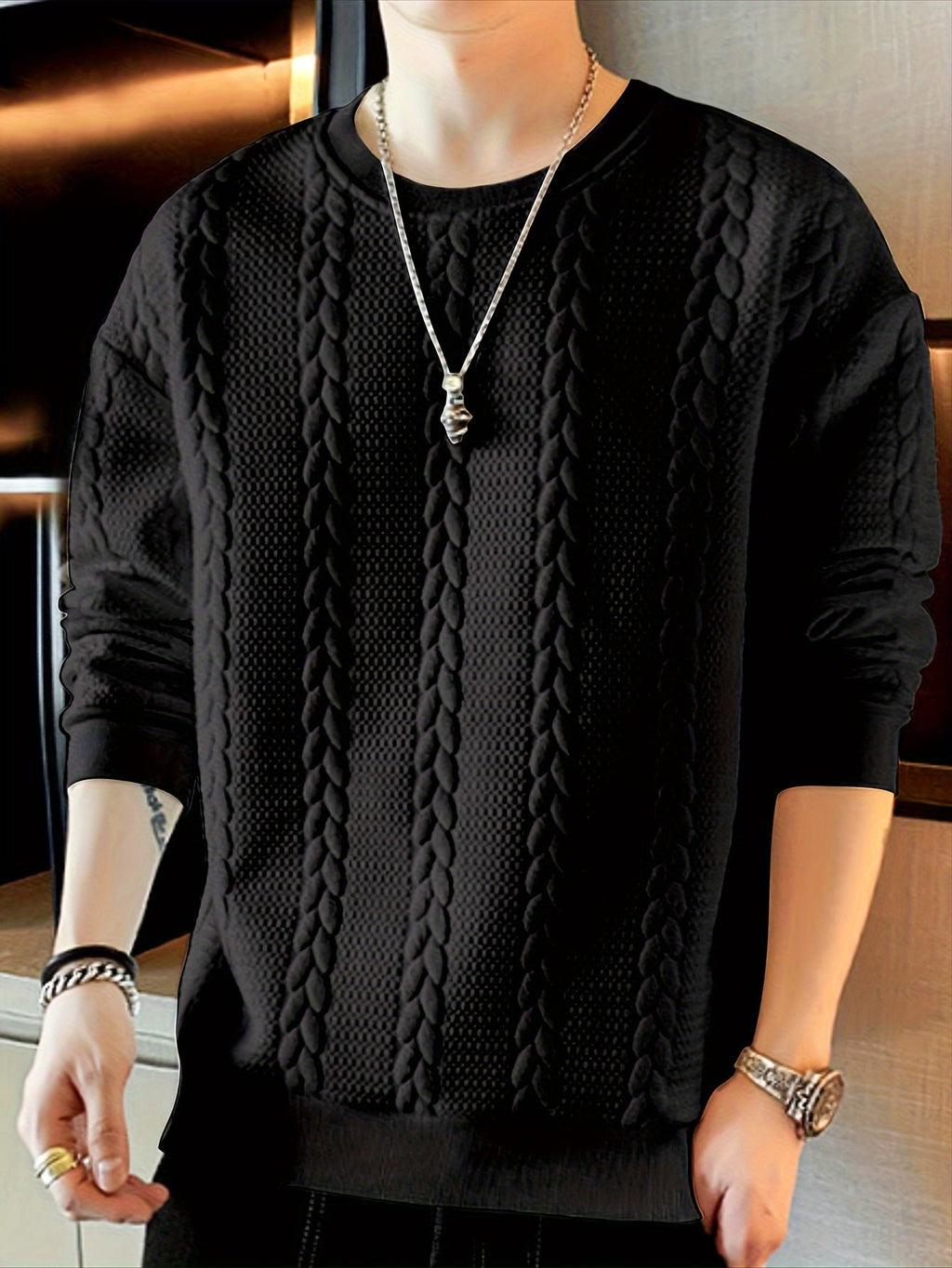 Maglione da uomo Valstrend in maglia a trecce, collo rotondo, maniche lunghe, tessuto in poliestere, colore solido, stile casual.