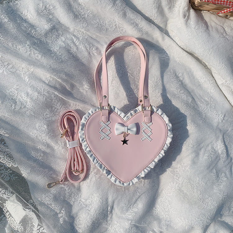 Borsa a tracolla portatile Valstrend con cuore intrecciato, decorata con pizzo a forma di cuore, stile carino e femminile.