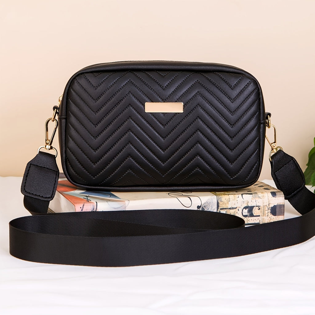 Faux Leather Crossbody Bag for Women - Minimalist Style, Quilted Pattern, Lightweight, Zipper Closure, Detachable Strap, Polyester Lined, Embroidered, Solid Color - Black, White, Red