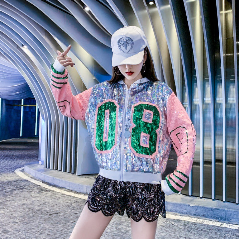 Giacca casual da donna Valstrend con paillettes, stile hip hop, colletto a baseball e vestibilità ampia, ideale per un look trendy.