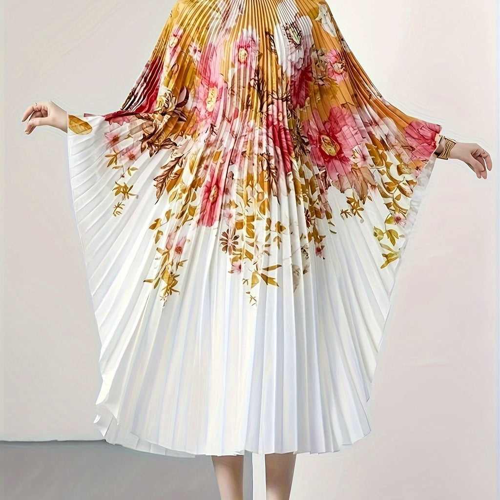 Plus Size Floral Print Pleated Dress, Elegant Batwing Sleeve Crew Neck Dress For Spring & Summer, Women's Plus Size Clothing