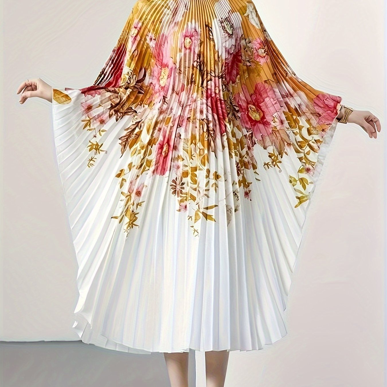 Plus Size Floral Print Pleated Dress, Elegant Batwing Sleeve Crew Neck Dress For Spring & Summer, Women's Plus Size Clothing