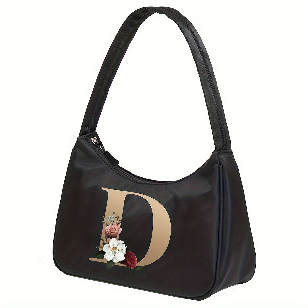 Floral Letter Print Shoulder Bag, Fashion Nylon Underarm Bag, Women's Zipper Handbag & Purse
