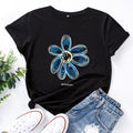 European And American Cotton Loose Round Neck Creative Flower Short Sleeve