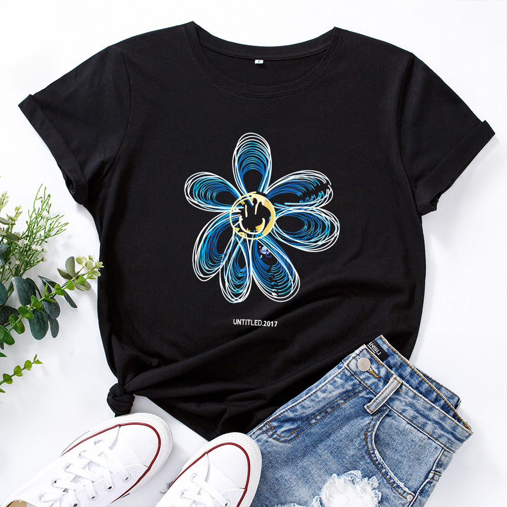 European And American Cotton Loose Round Neck Creative Flower Short Sleeve