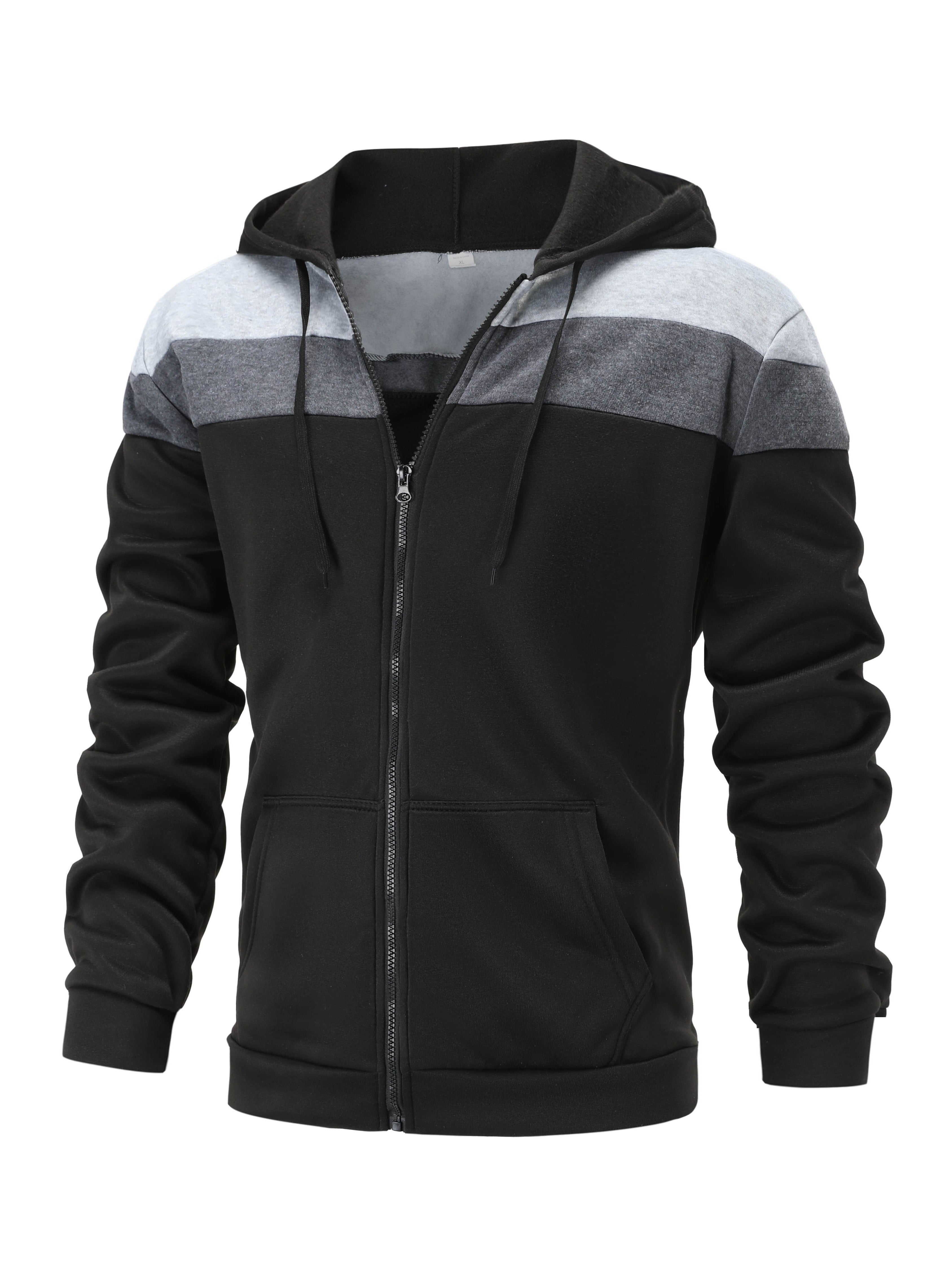 Color Block Men's Hooded Jacket, Casual Long Sleeve Zip Up Hoodie With Drawstring And Pockets, Spring Fall Outdoor Sports