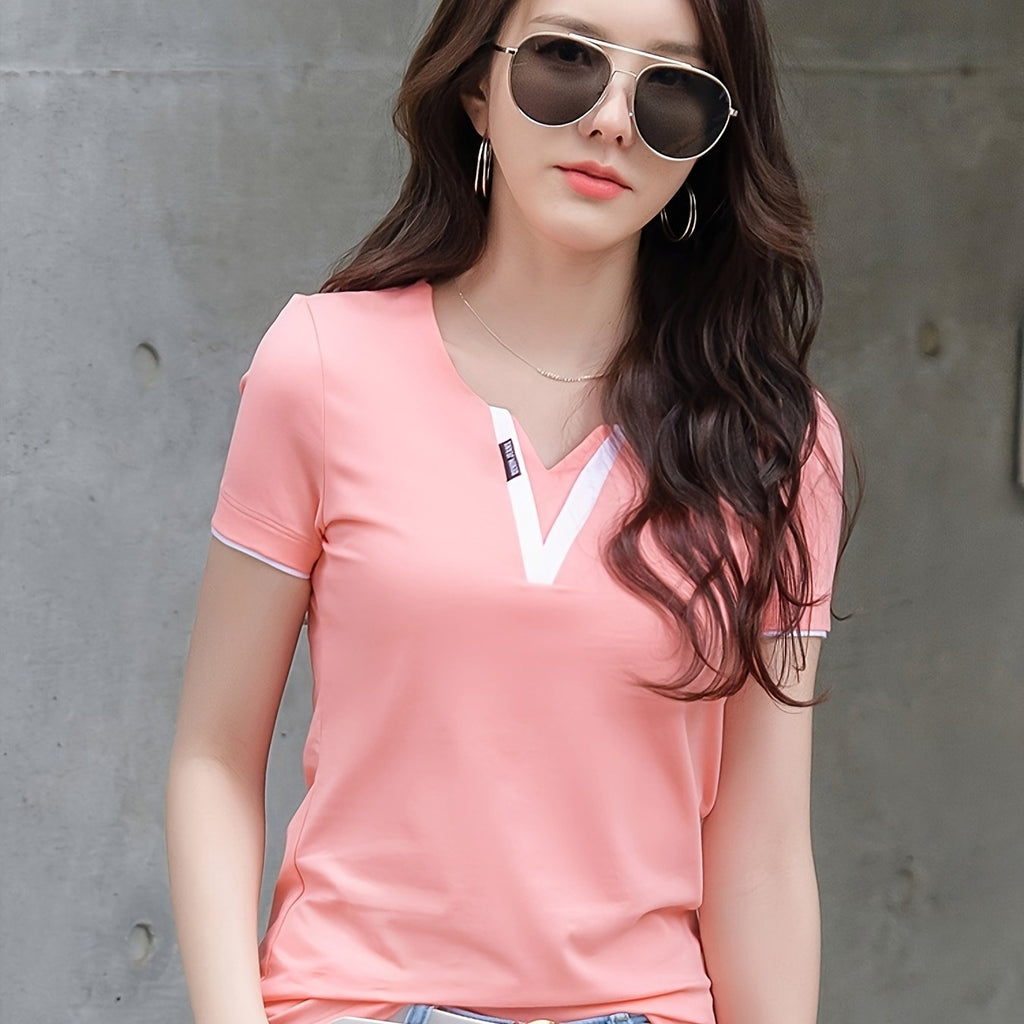 Maglietta da donna Valstrend, T-shirt a blocchi di colore con scollo a V, maniche corte per primavera ed estate, abbigliamento casual