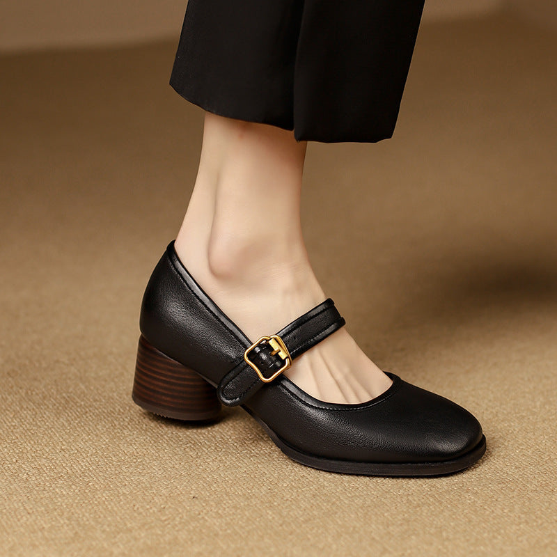 Scarpe da donna Valstrend con tacco grosso e punta rotonda, stile alla moda e comodo, in pelle nera con dettagli eleganti