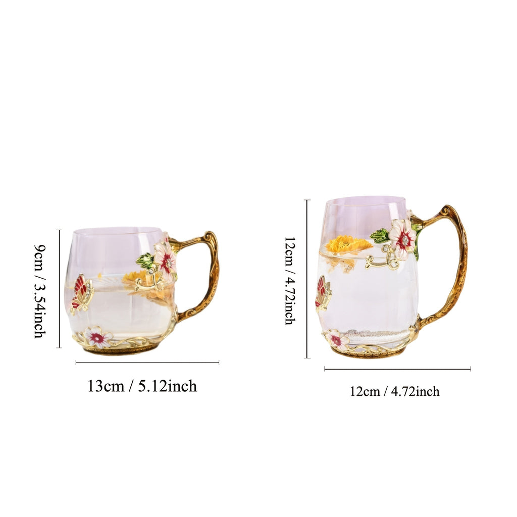 Enamel Floral Glass Tea Cup Set - 320ml/350ml, Reusable & High-Quality, Perfect for Breakfast, Milk, Juice - Ideal Gift for Home, Office, Parties