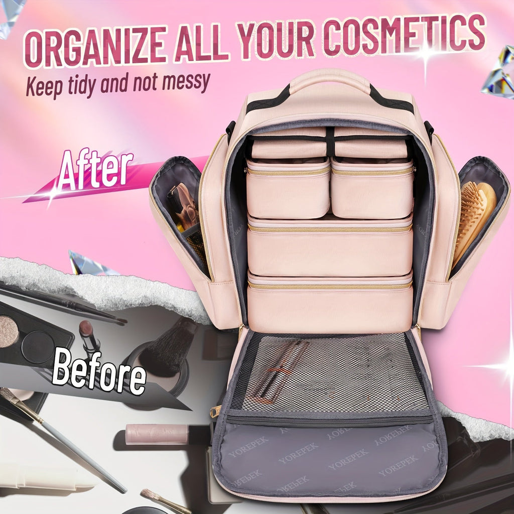 Valstrend shop borsa da viaggio grande per trucco in rosa con 4 scomparti removibili e tasca porta gioielli, organizer elegante in poliestere