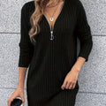 Women's Fashion Long Sleeve Ribbed Knit Dress, Elegant V-Neck Zipper, Striped Solid Color, Mid-Length, Spring/Autumn, Adult, Polyester, Zippered, Knee-Length, Knitted Fabric