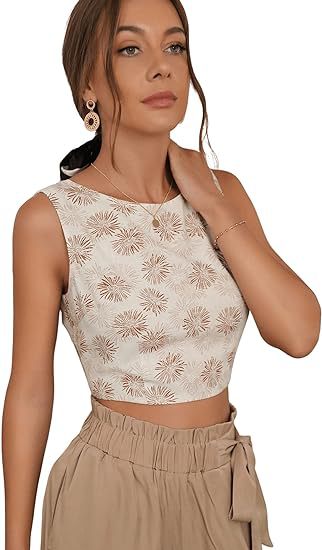 Top donna senza maniche bohemien Valstrend, senza schiena, stampa a tutto corpo, con lacci e dettagli in pizzo.