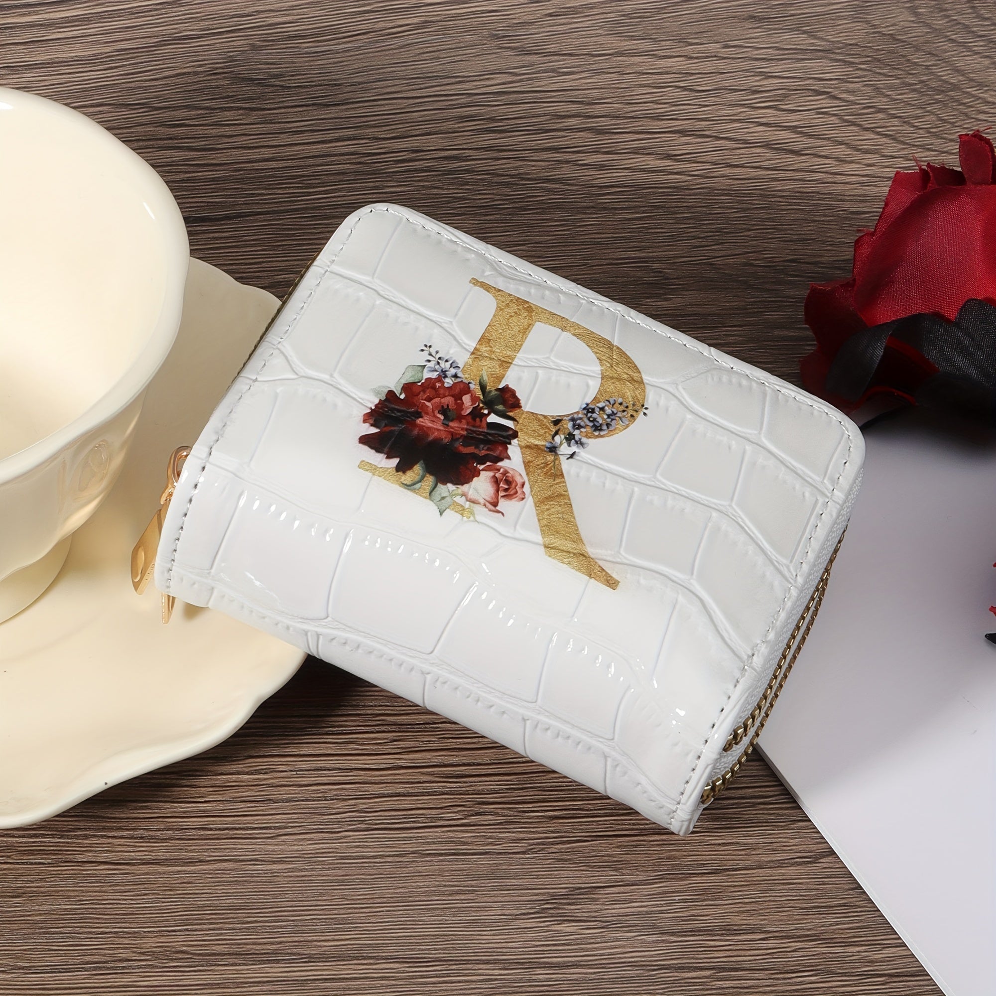 Portafoglio con motivo floreale e lettere, portacarte compatto Valstrend, con zip, per donne e uomini, stile elegante e funzionale.