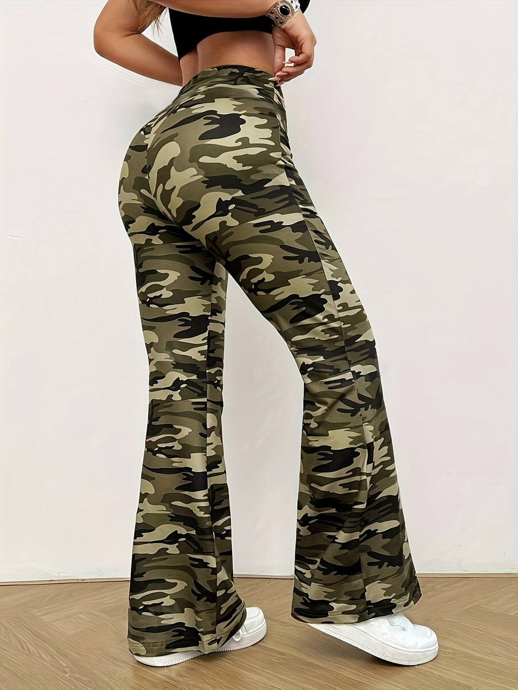 Pantaloni a zampa camouflage Valstrend donna, pantaloni casual slim flare in tessuto morbido, stile all-season, donna
