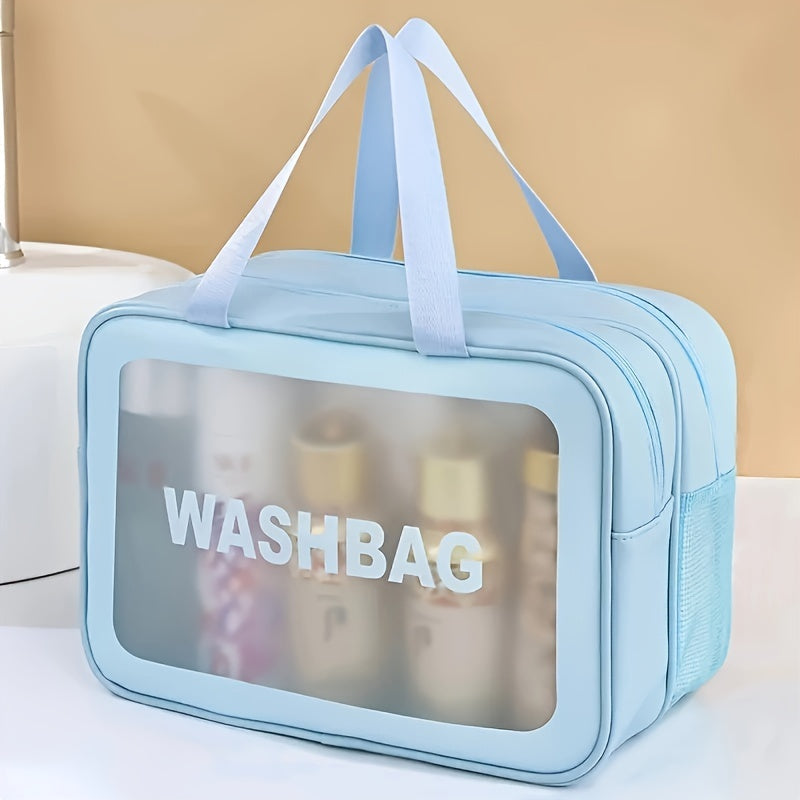 Convenient Travel Wash Bag - Large Double Layer PU Material with Zipper Closure and Mesh Side Pockets