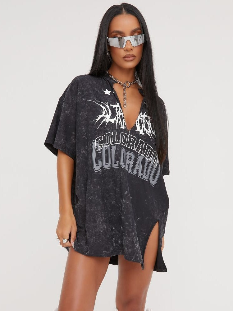 T-shirt donna Valstrend in stile retrò American Street con scollo a V, maniche corte e taglio loose, stile casual e vintage