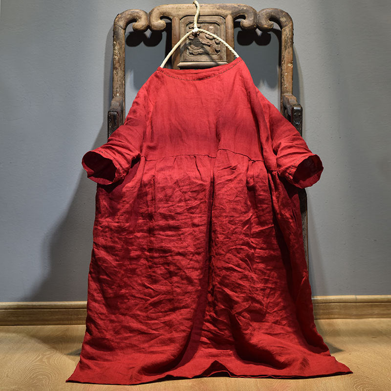 Vestito a maniche a sbuffo Valstrend in lino con ricami rotondi e collo a giro, stile elegante e leggero.