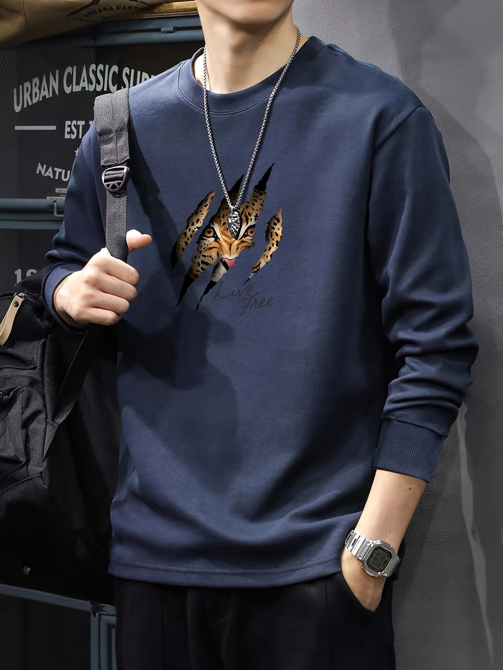 Felpa casual da uomo Valstrend in cotone con stampa aquila, girocollo, maniche lunghe e vestibilità regolare, comoda e elasticizzata.