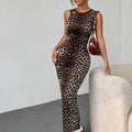 Leopard Print Crew Neck Tank Dress, Casual Sleeveless Slim Fit Ankle Length Dress For Spring & Summer, Women's Clothing
