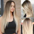 Capelli donna stile europeo e americano, parrucca con gradiente castano dorato, brand Valstrend, vista frontale naturale.
