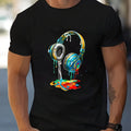 T-shirt da uomo Valstrend con stampa colorata di cuffie, maniche corte, collo tondo, ideale per l'estate e l'uso casual.