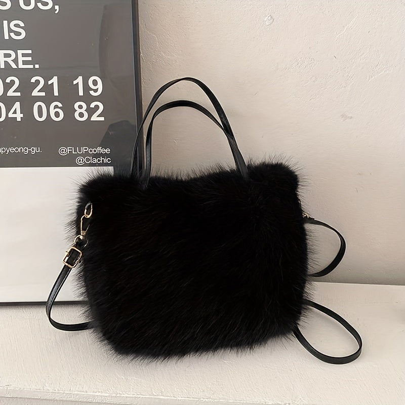 Chic Plush Crossbody Bag for Women - Adjustable Strap, Magnetic Closure, Faux Fur Shoulder Tote in Khaki/Brown/Pink/Black