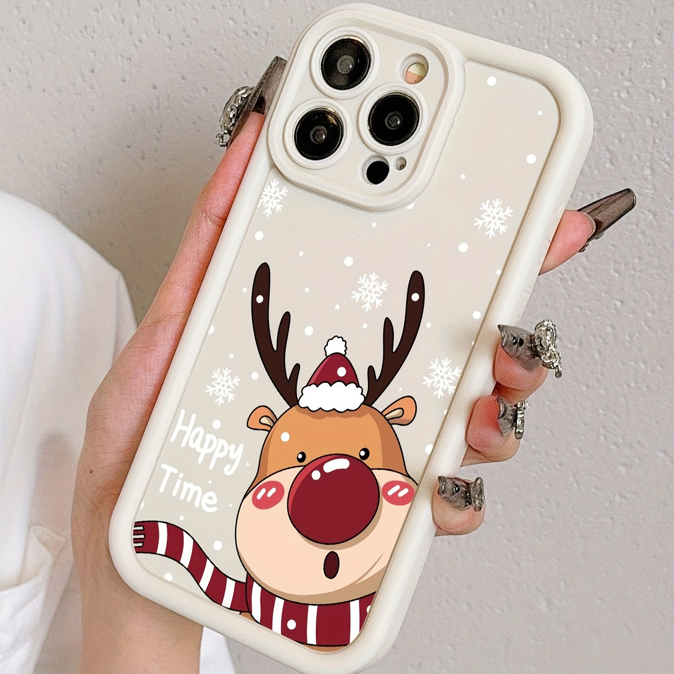 Custodia protettiva in bambù bianco con cervo natalizio, compatibile con iPhone 7-14, resistente e decorativa, marca Valstrend.
