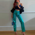 Pantaloni donna a campana in pelle PU argento, stile europeo e americano, con taglio largho, marchio Valstrend shop.