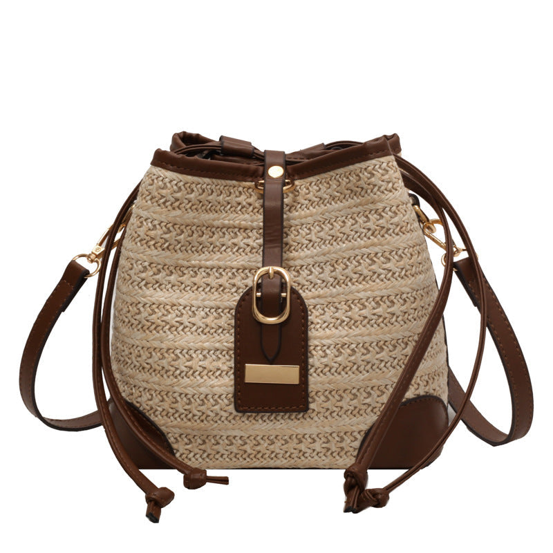 Borsa estiva in paglia intrecciata con tracolla a spalla, stile semplice e da spiaggia, marca Valstrend, design coreano.
